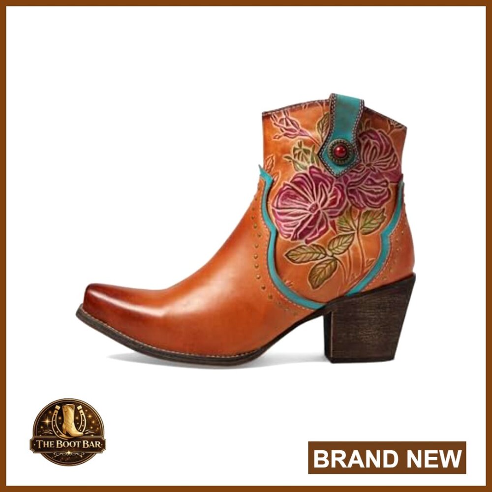 Mid-Calf Western Boots with Floral Embossed Leather and Zipper Closure - Picture 4 of 5